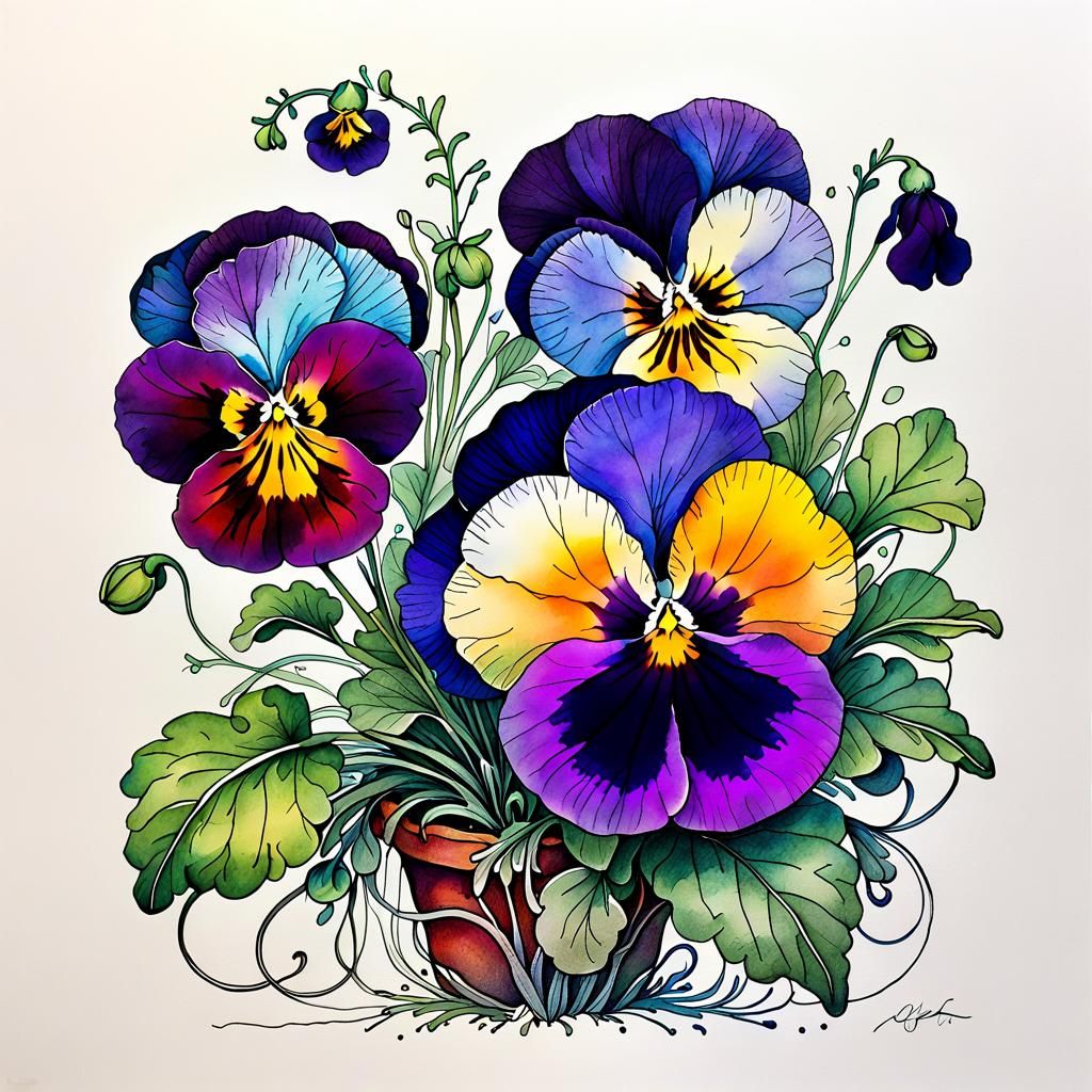Botanical ink drawing: Pansy flowers spiral gradient fine lines  (Gradient colored flowers) (  by @Peregrine Falconer