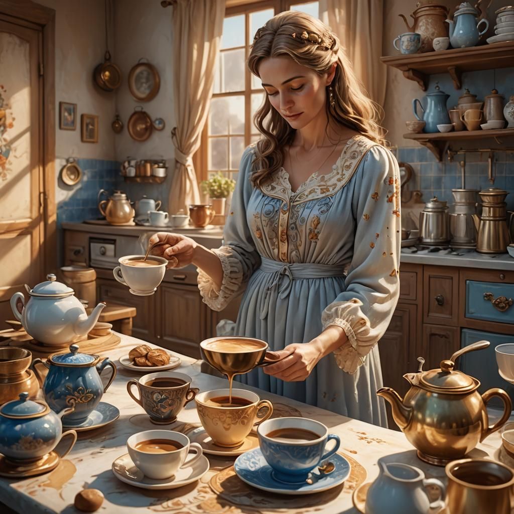 Cozy Morning: Mother Prepares Coffee in Fantasy Setting