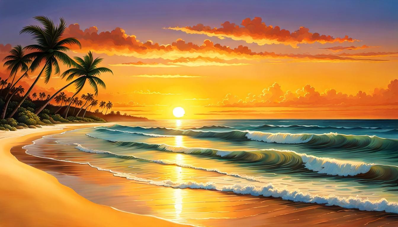 AR16x9-Masterpiece of A serene beach scene with the sun sett...