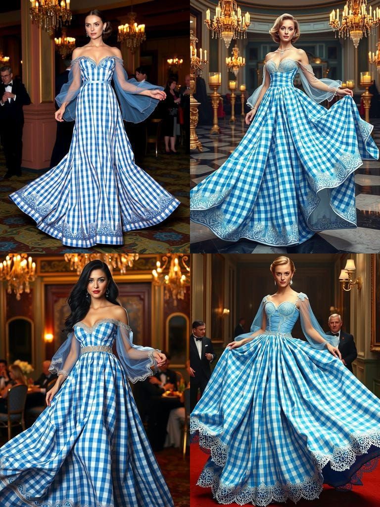 A Beautiful woman wearing a stunning, floor-sweeping evening gown crafted from vibrant, blue and white gingham fabric, w...