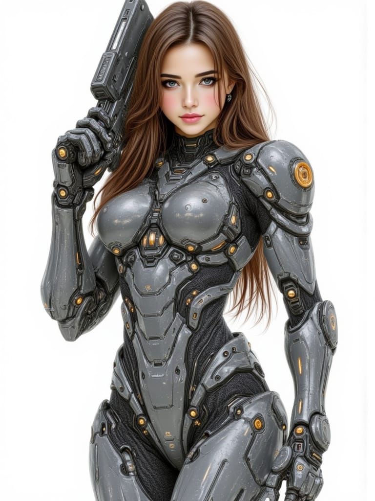 <lora:Cyberlleon Girls:1.0> highly detailed, full-body art illustration of an attractive cyberpunk woman with long hair wearing a black and ...