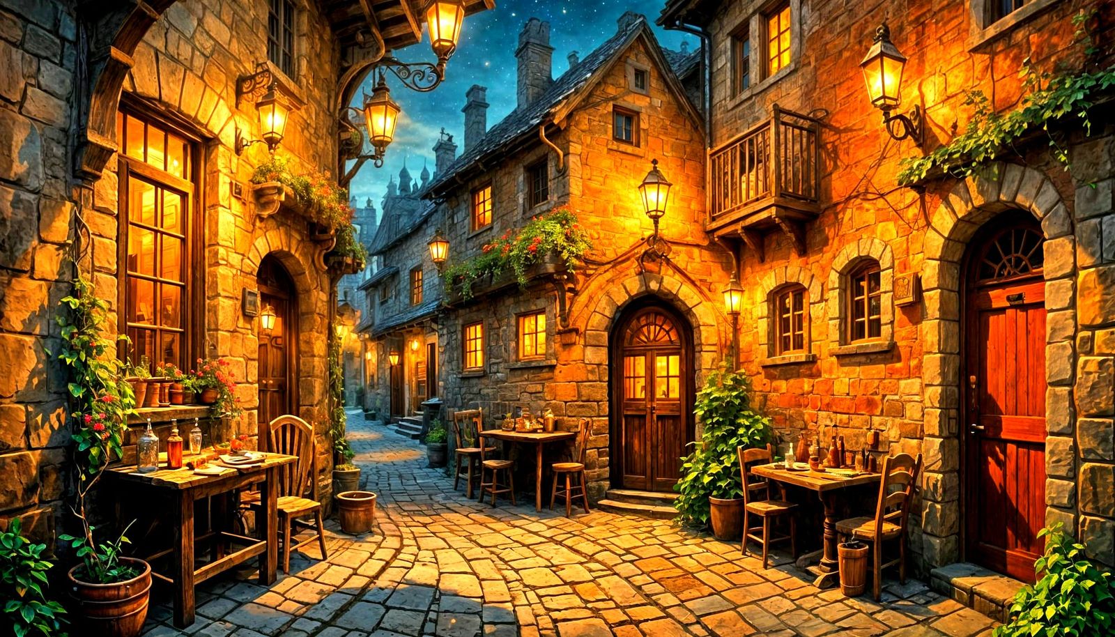 Taverns and Alleyways. winding stone street of old town.
glowing tavern window. 
Narrow medieval alleyway. ...  by @Lennis
