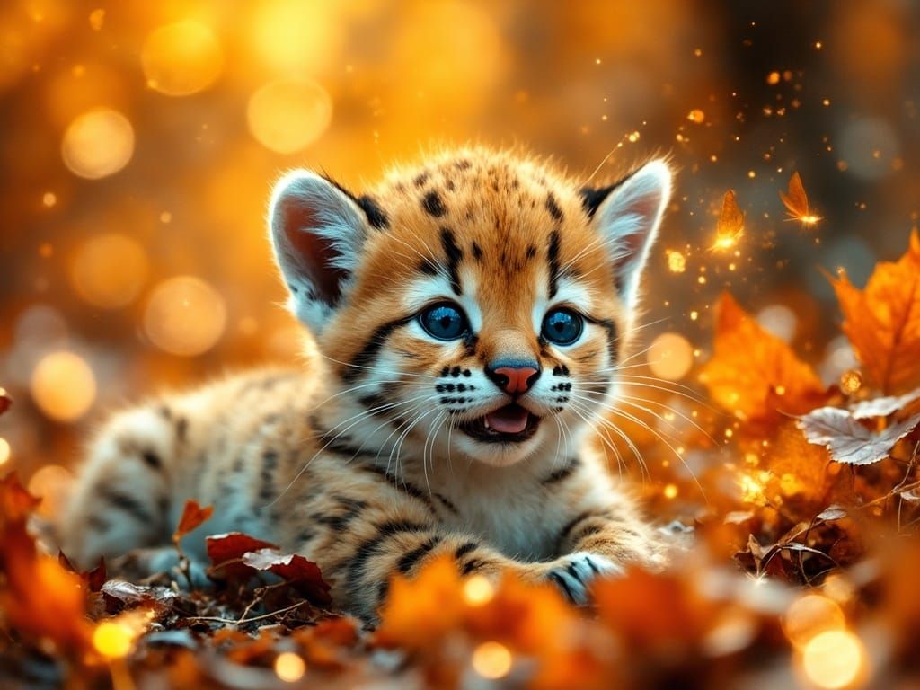 Ocelot Cub in Autmn Leaves