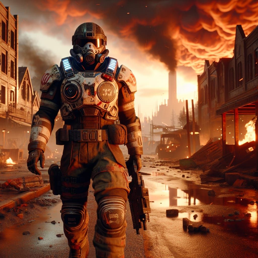 <lora:Macabre:1.0> Dramatic Cinematic Feel: a soldier walking through a post-apocalyptic town. He is dirty, tired and defeated. Above him, t...