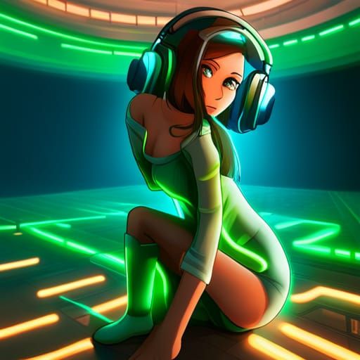 Anime gamer girl, brown hair blue eyes, neon cat gamer headp...