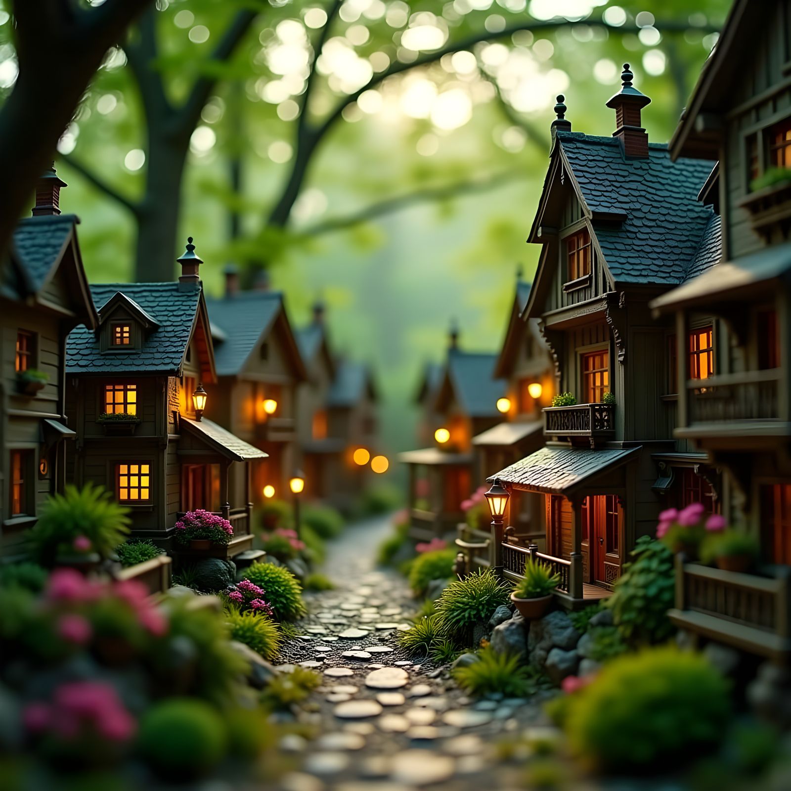 Tilt-shift, wide-angle view of a whimsical little fairy town nestled in a lush, vibrant forest, with intricate architecture and delicate det...