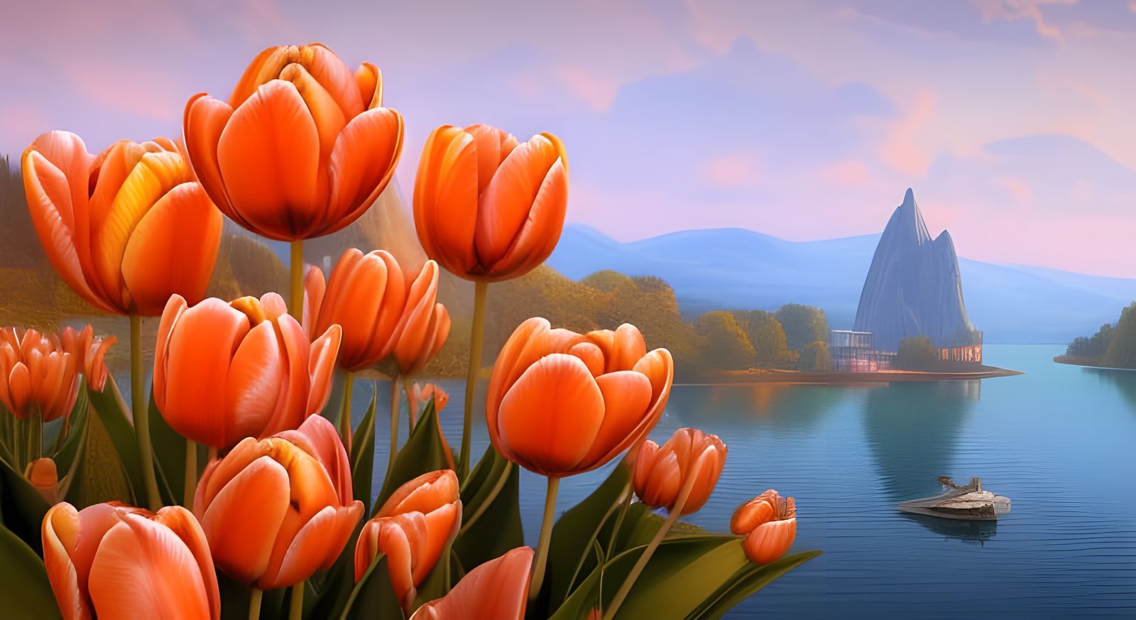 orange Tulip with a lake view, intricate, highly detailed, d...