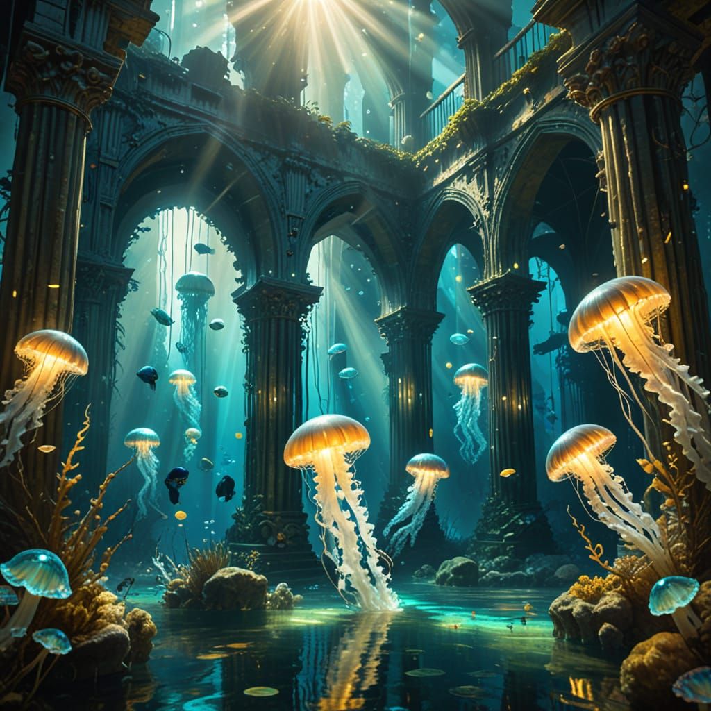 Underwater Cathedral Ruins with Bioluminescent Jellyfish  by @Lady on Fire