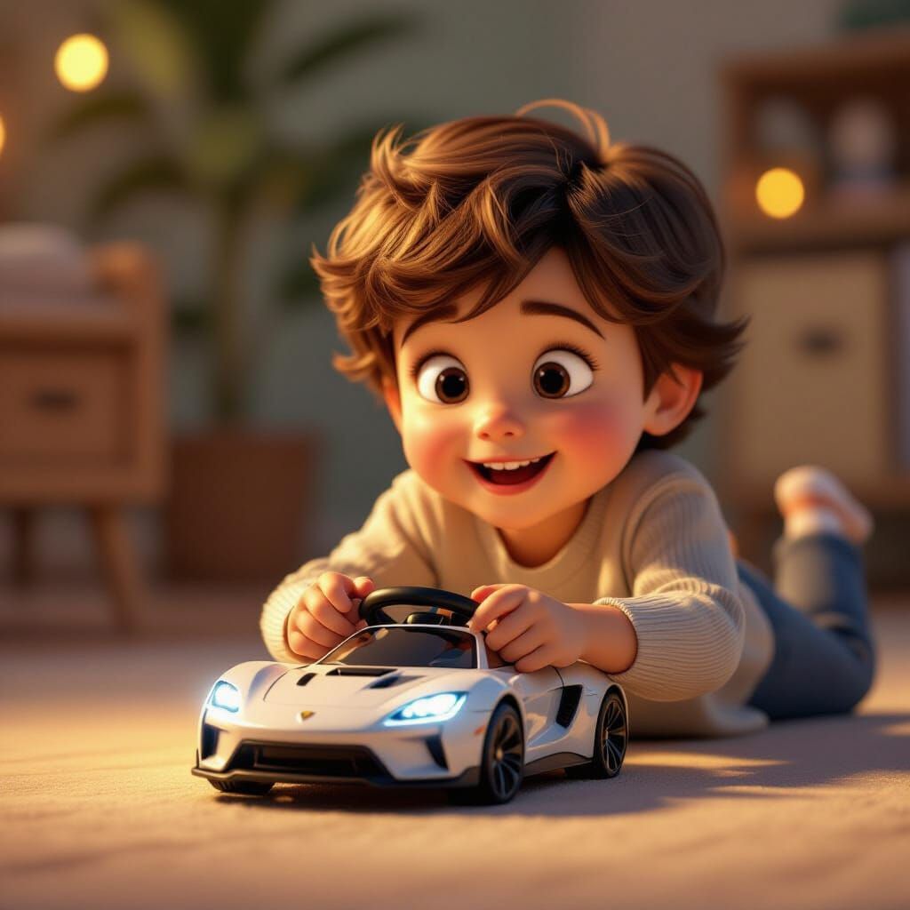 Child's Joyful Play with Toy Car and Controller