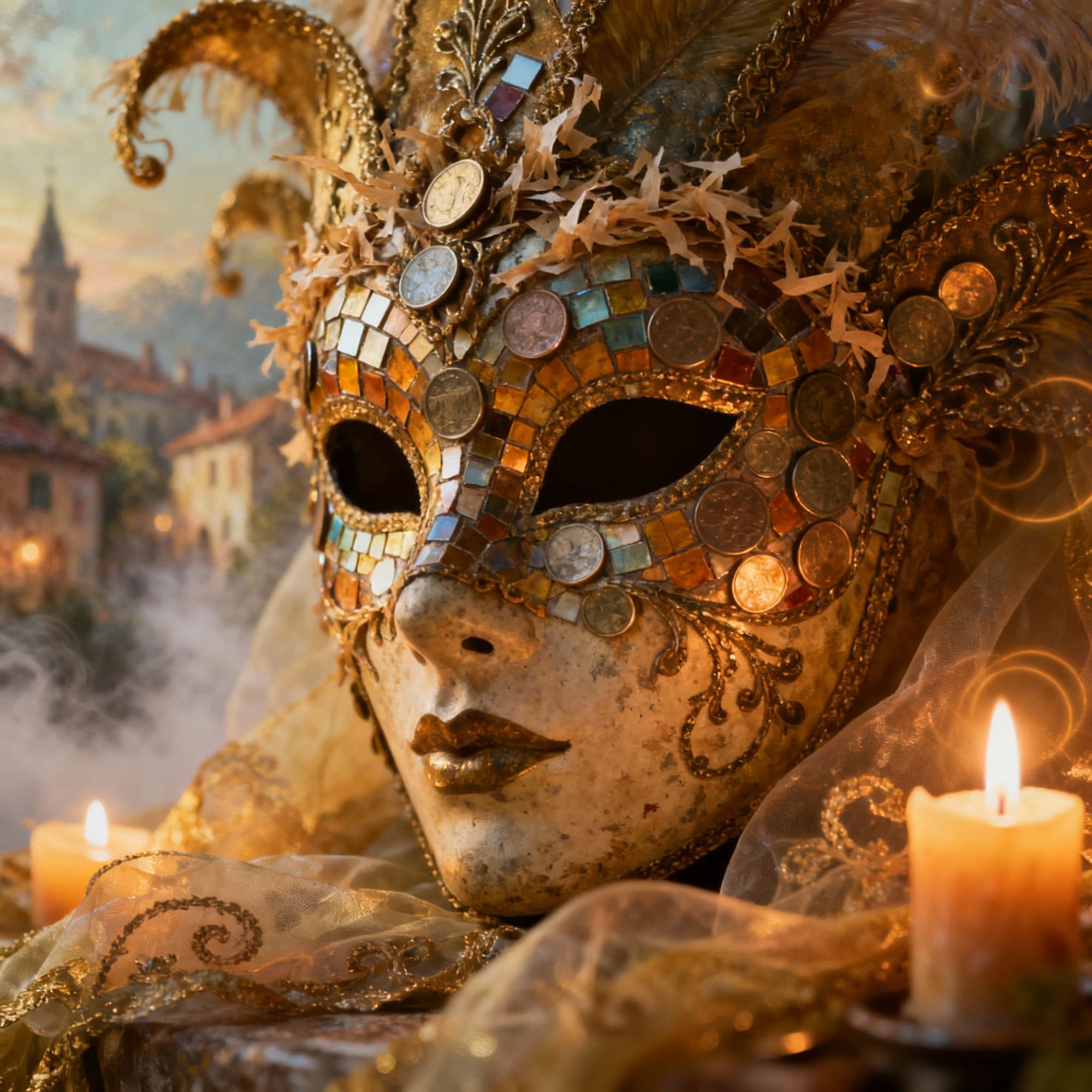 Mask of Commerce – a mysterious Venetian-style mask decorated with shredded bills and coin mosaics, glowing under candlelight.