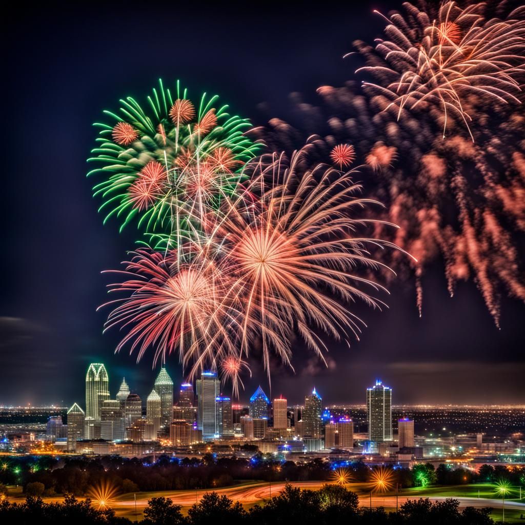 a view of a colorful fireworks show over looking Dallas from atop a a view of a colorful fireworks show over looking Dallas from atop a