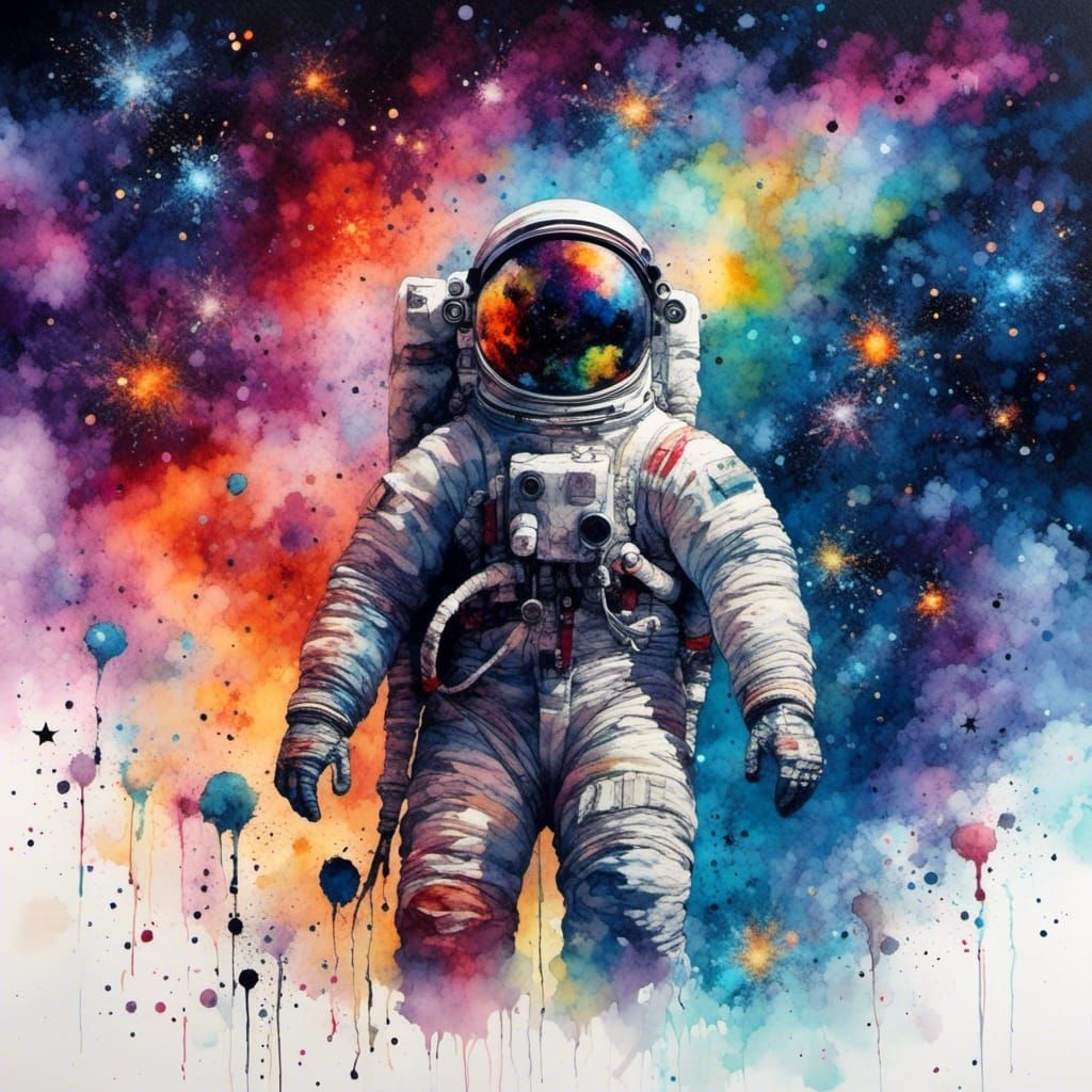 <lora:HRH-colourful:1.0> Astronaut floating through a galactic cloud filled with stars and nebula shooting stars galaxies planets, vivid, co...