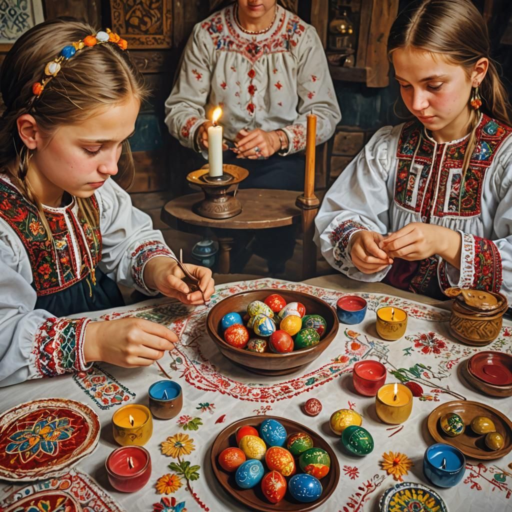 Ukrainian Girls Making Pysanky
