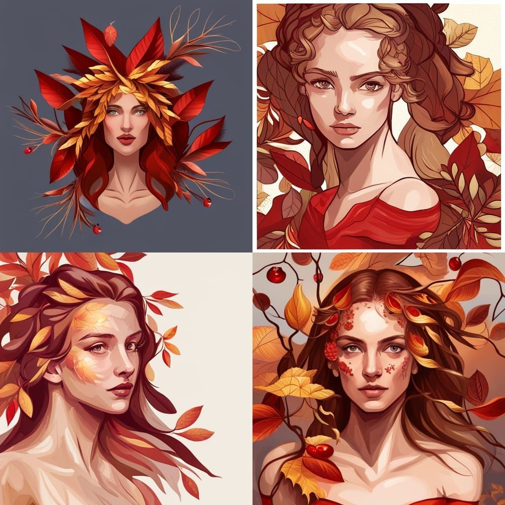 Fall background of red and gold leaves. Girl in a red dress ...