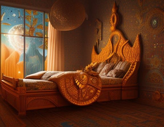 surreal artisanal bed made entirely of Sun and Moon, highly ...