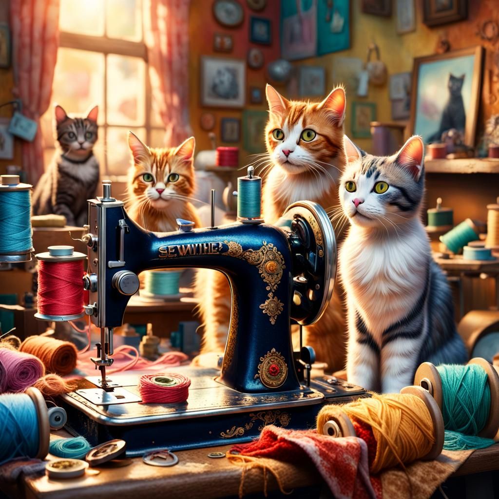 Cats sewing machine shop gathering