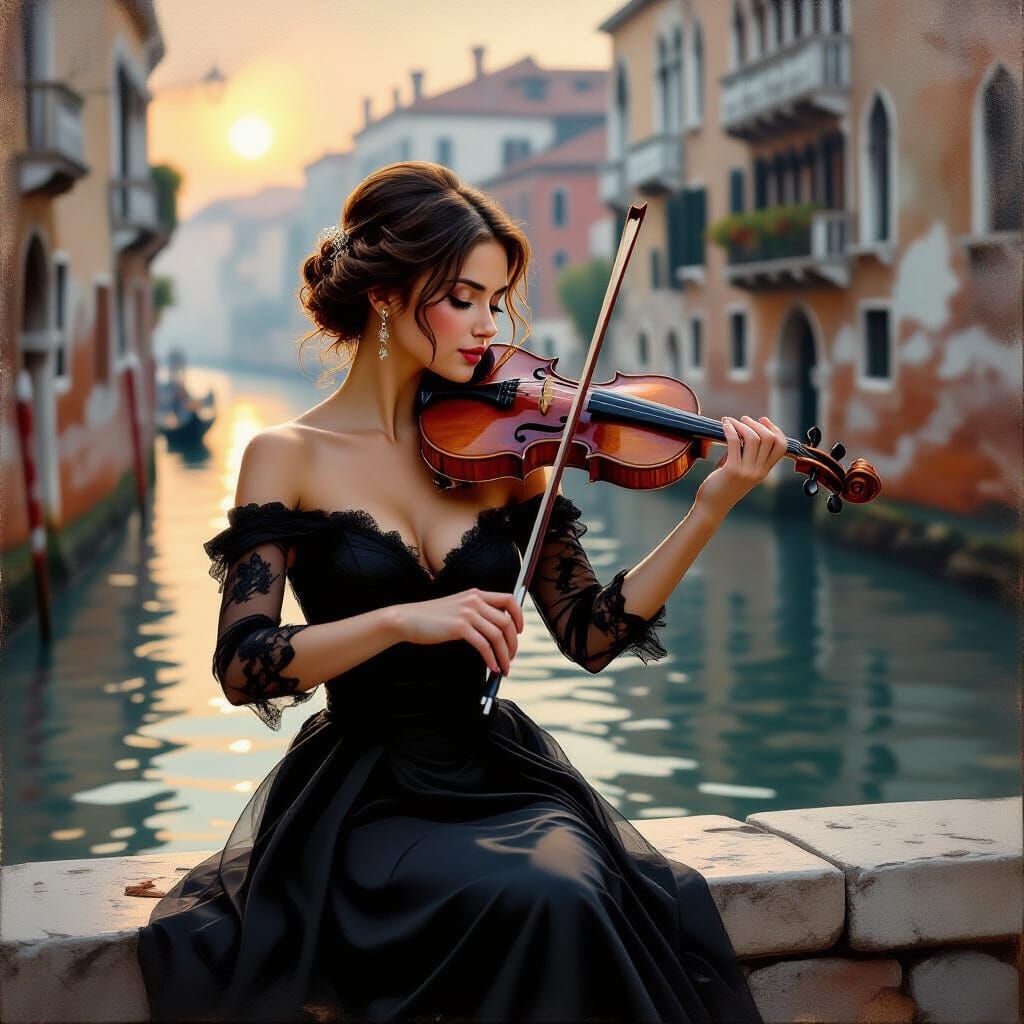Young Woman Playing Violin on a Bridge Over a Venetian Canal