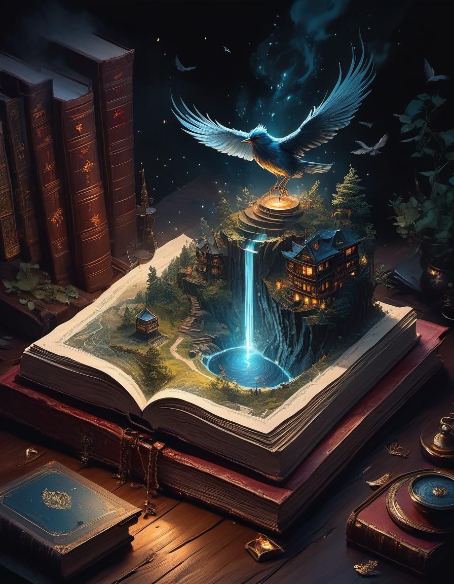 Isometric view of a surreal landscape on top of a book  by @Hinty