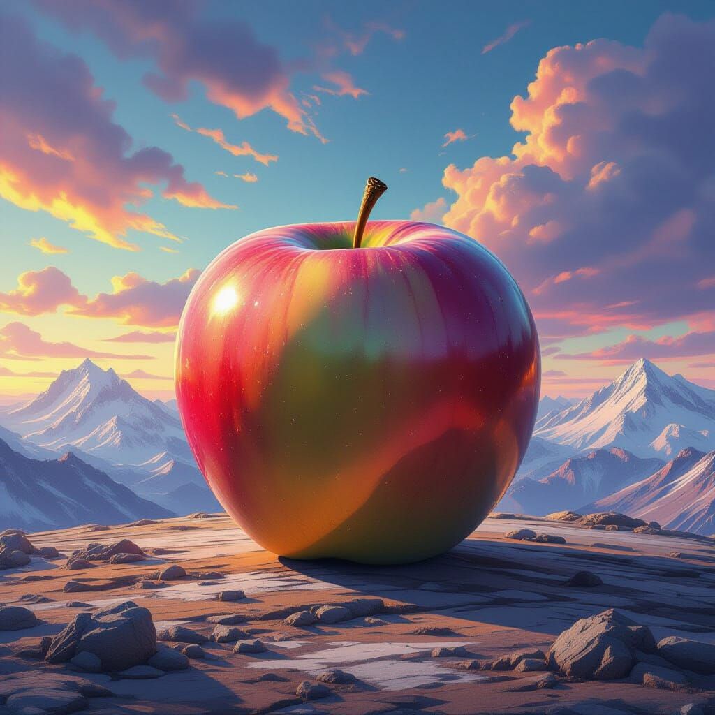 An immense, solitary apple, larger than life, rests in the center of a vast, desolate mountain range. Its skin shimmers with an iridescent, ...