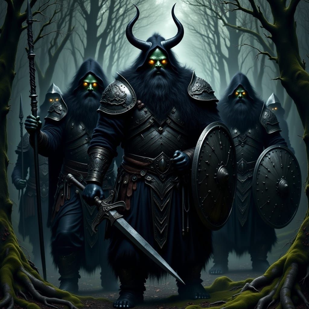 dark hair and beards with glowing gold eyes