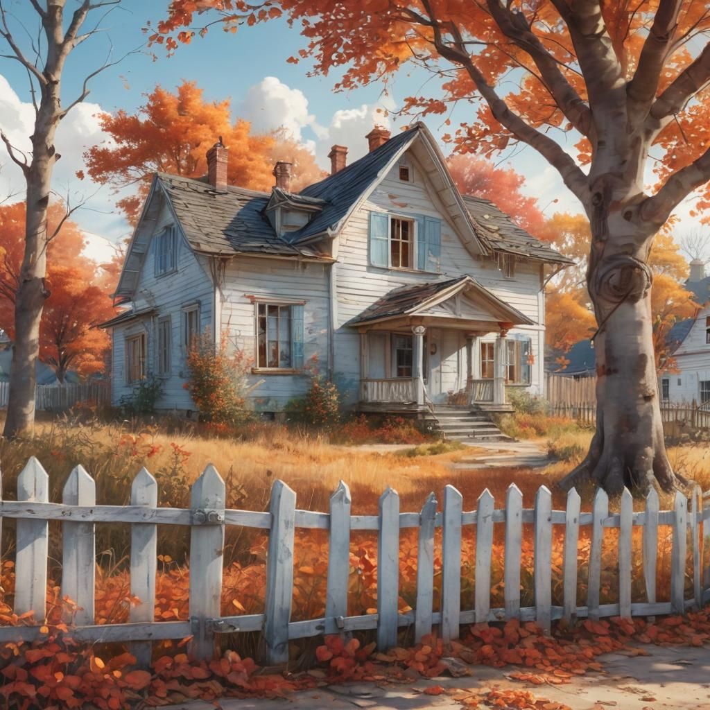 Whimsical Watercolor of Abandoned House in Autumn