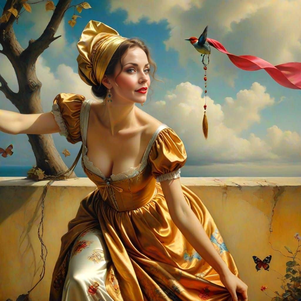 Surrealistic Portrait of a Happy Lady in a Vibrant Backgroun...