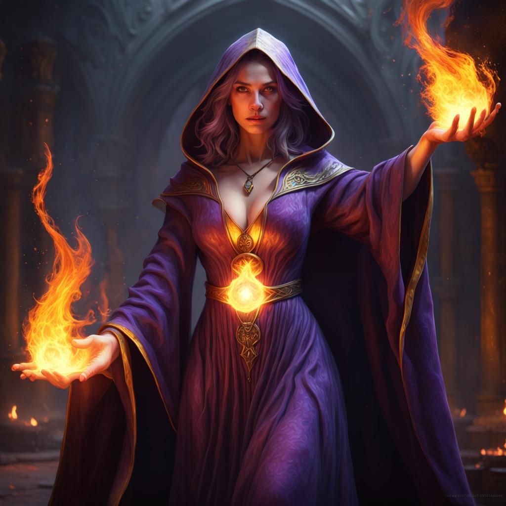 female wizard, low cut cloak, with fire floating above her hand - AI ...