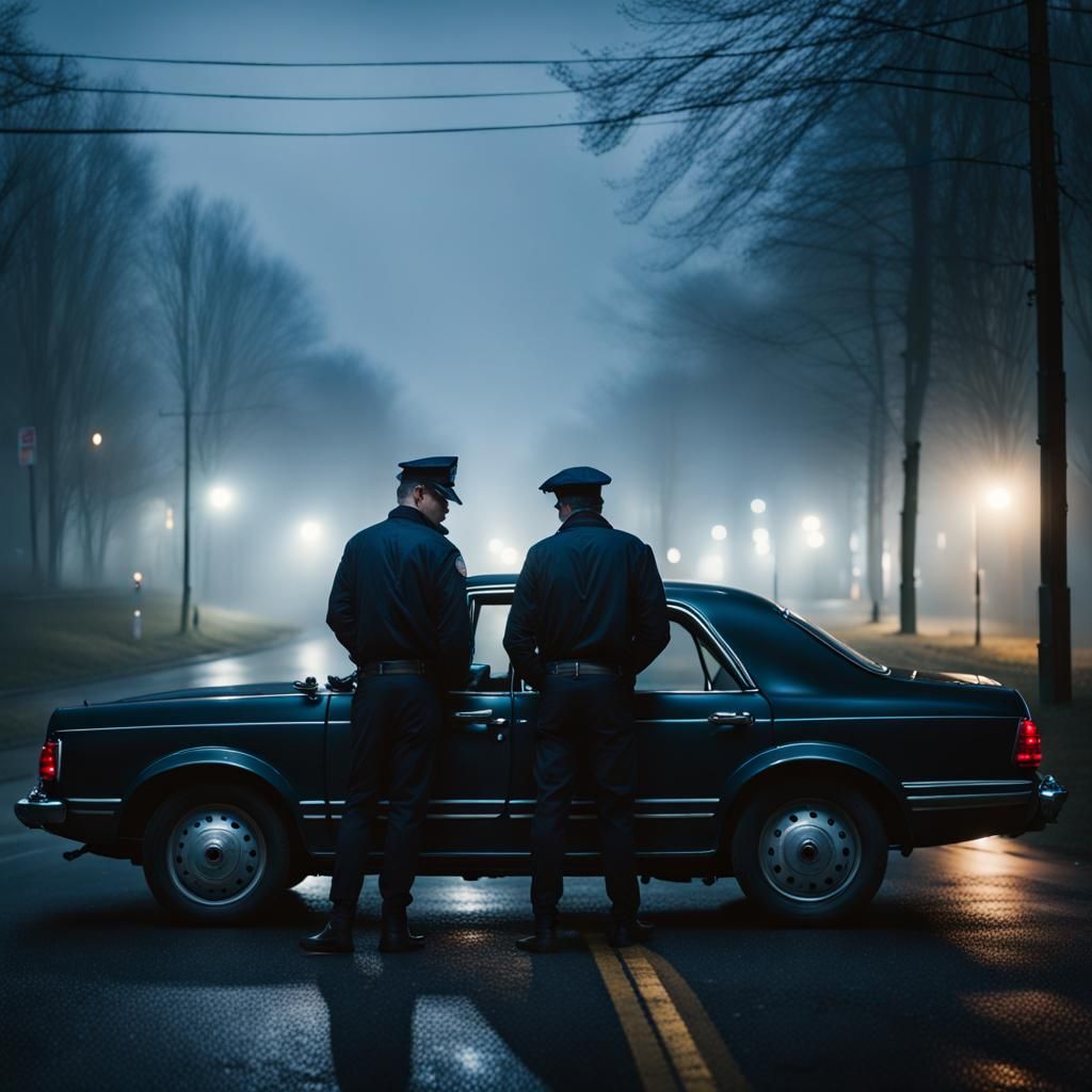 Two guys leaning on a car on a dark and foggy night turn jnt...