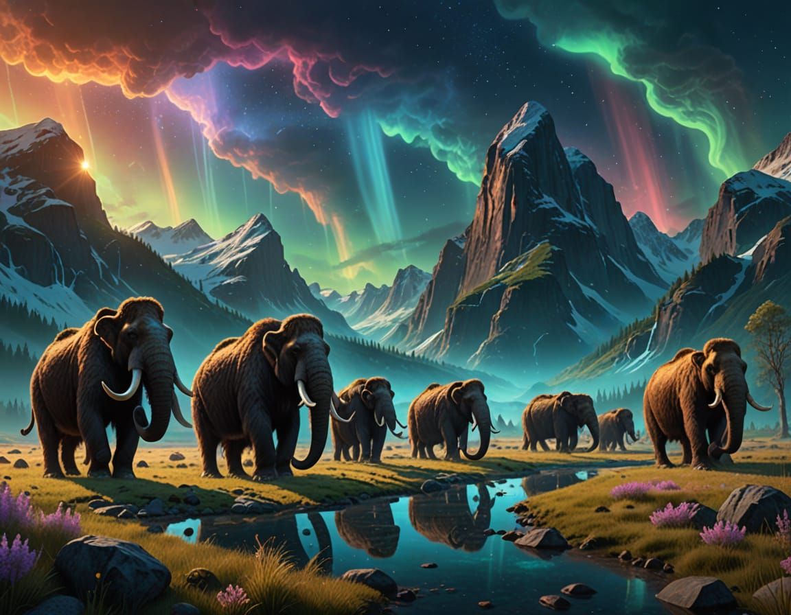 Digital matte painting. A herd of woolly mammoths graze in a lush, prehistoric valley, beneath a sky ...  by @Nathan Bundick
