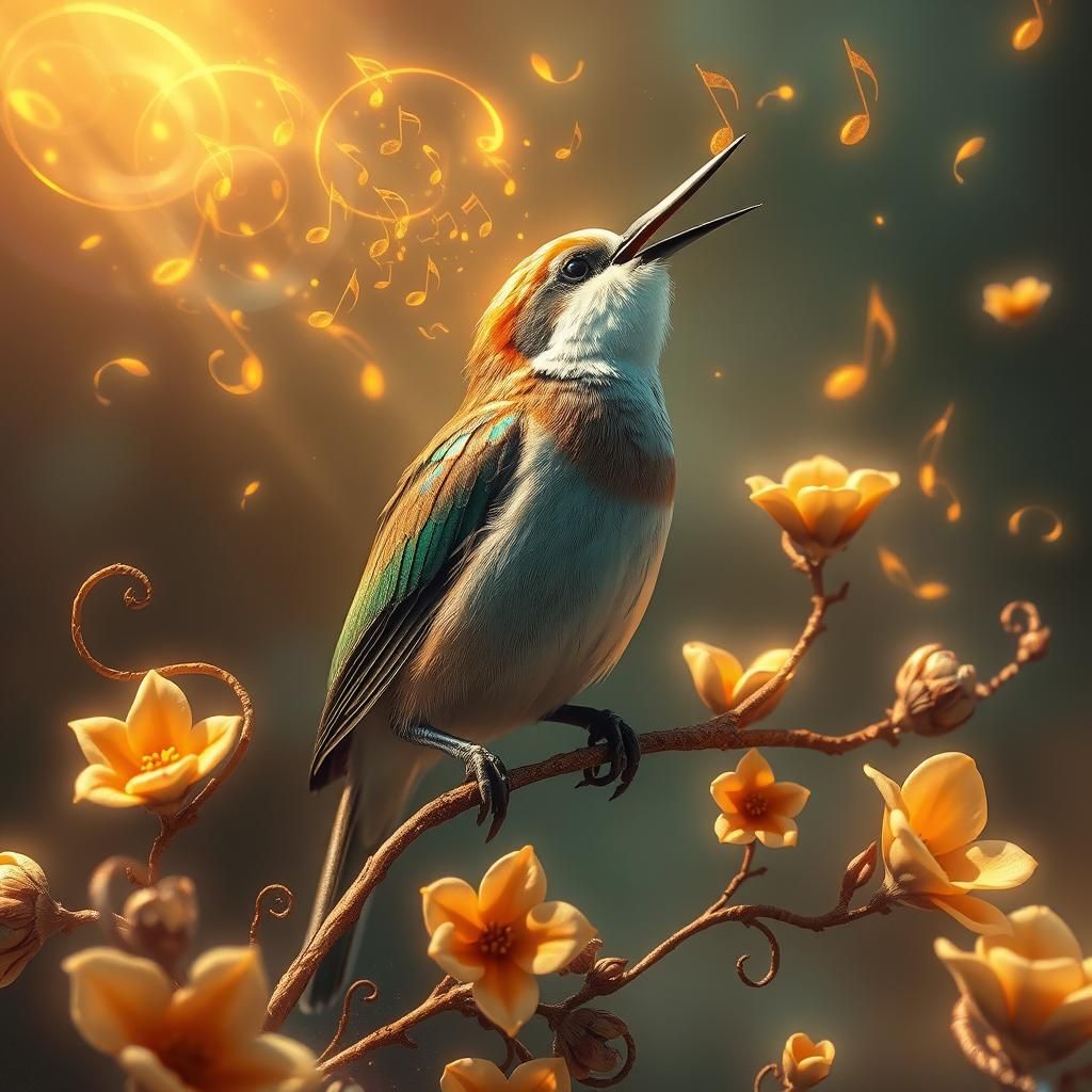 A resplendent songbird, perched on a delicate filigree of twisted vines and flowers, sings with an open ...  by @Fantastical Fiction