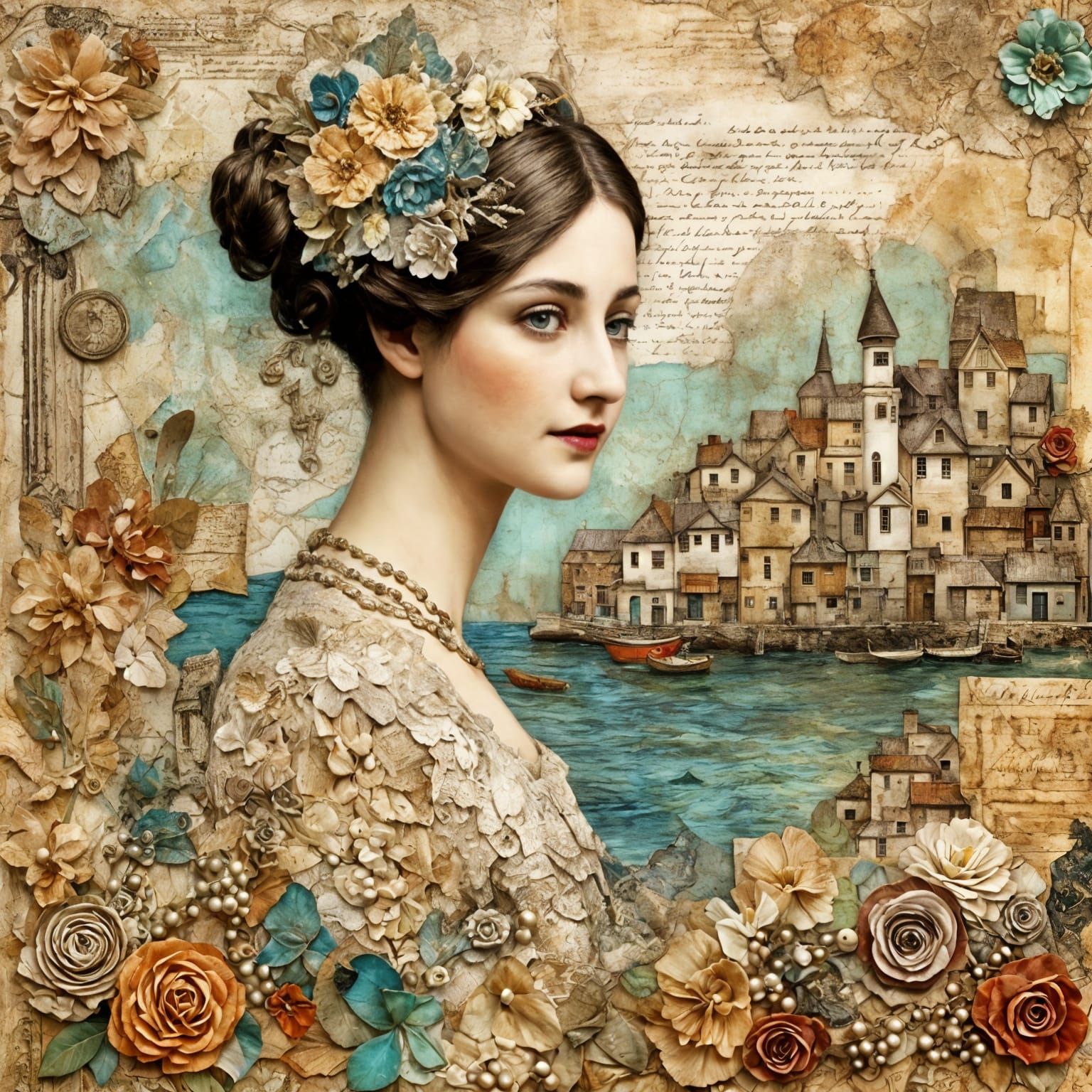 Elegant Mixed Media Collage of Seaside Village