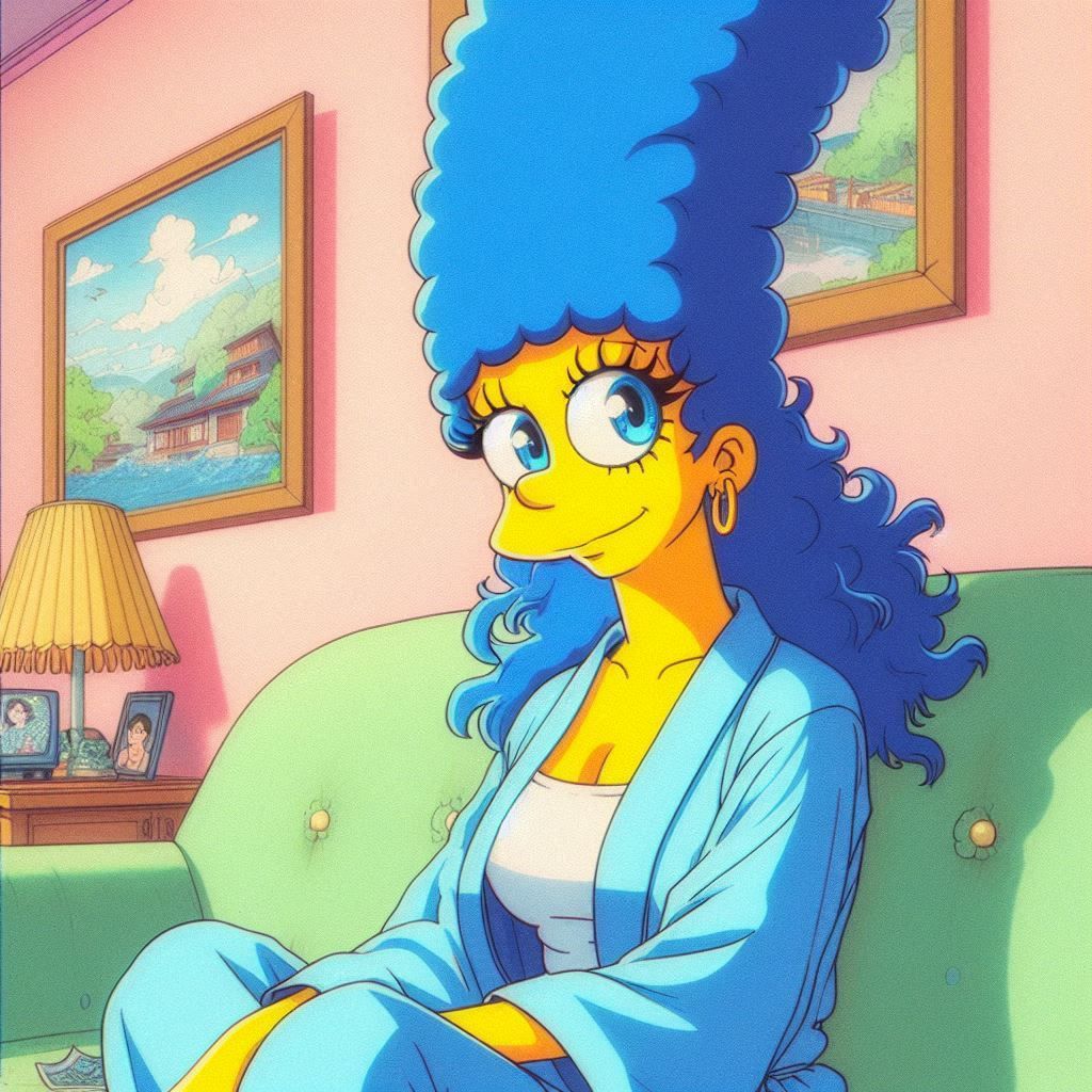 a 1980s anime style image of Marge Simpson drawn in human an...