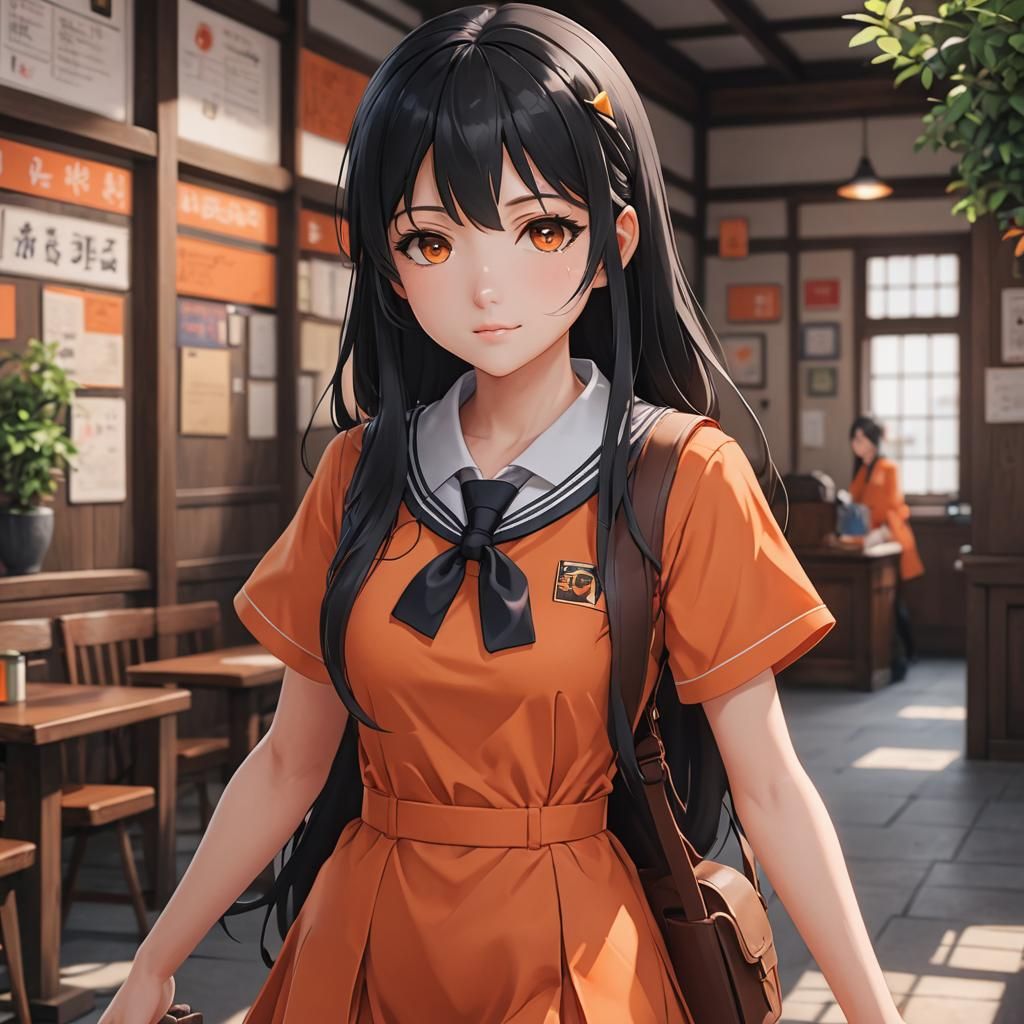 A gacha girl with black hair brown eyes a long orange dress ...