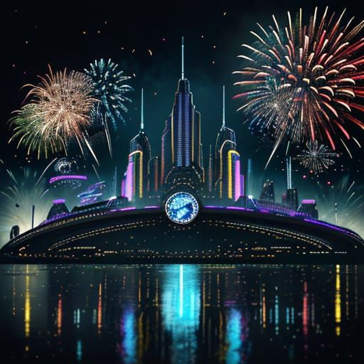 Electric New Year's Countdown in Futuristic Cityscape