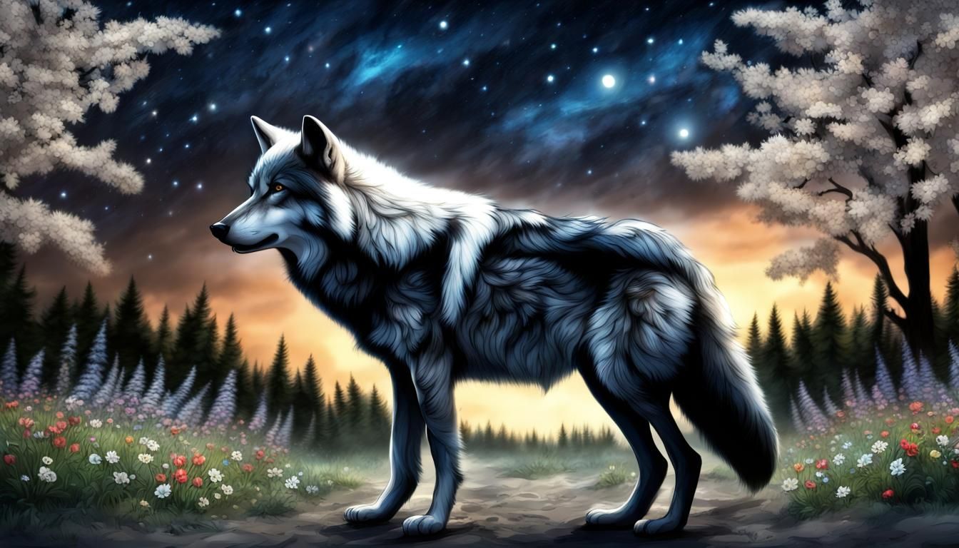 HDR, female small wolf, white fur, flowers adorning the grou...