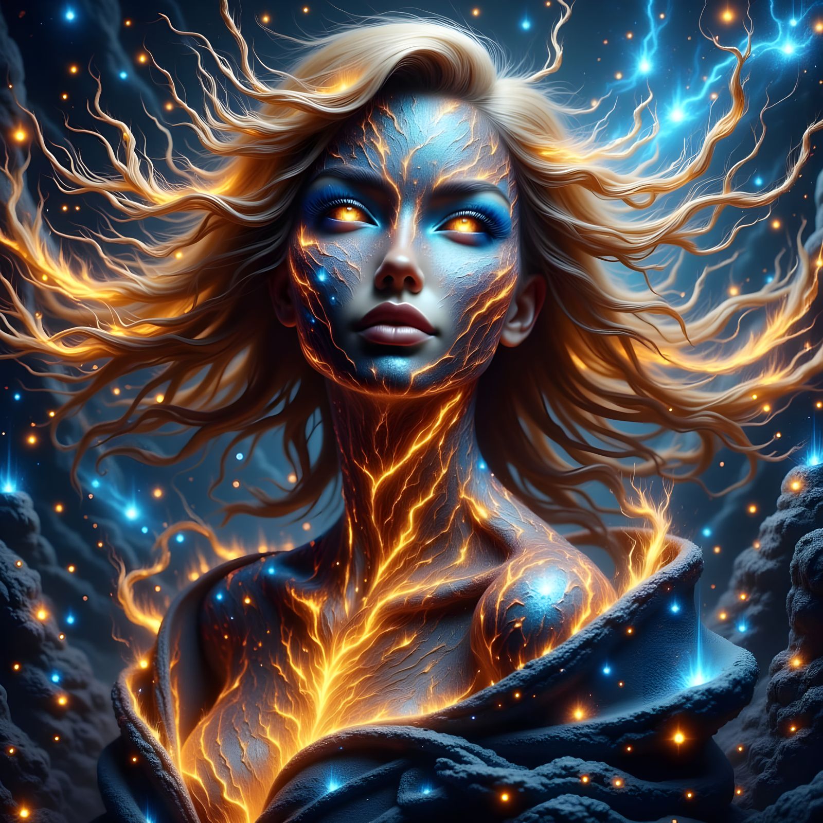 Vibrant Cosmic Goddess with Swirling Fire Patterns
