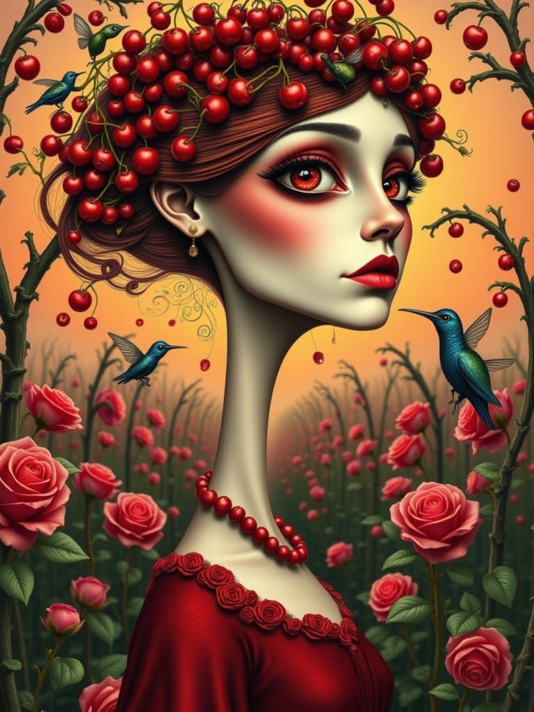 A surreal portrait in the whimsical nouveau style: a woman with distorted, asymmetrical features, big garnet-red eyes that shimmer like ripe...