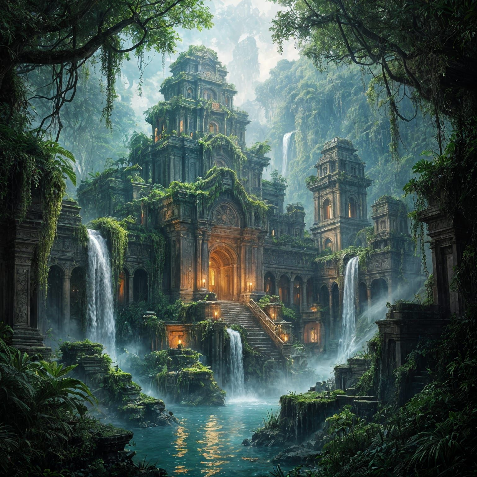 An immense jungle-covered city, its grand architecture slowly being consumed by vibrant flora and ancient vines. Ethereal light emanates fro...