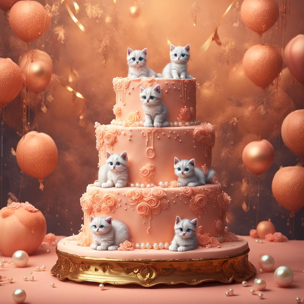Tiny kittens made from icing decorating the top of a 2 tier ...