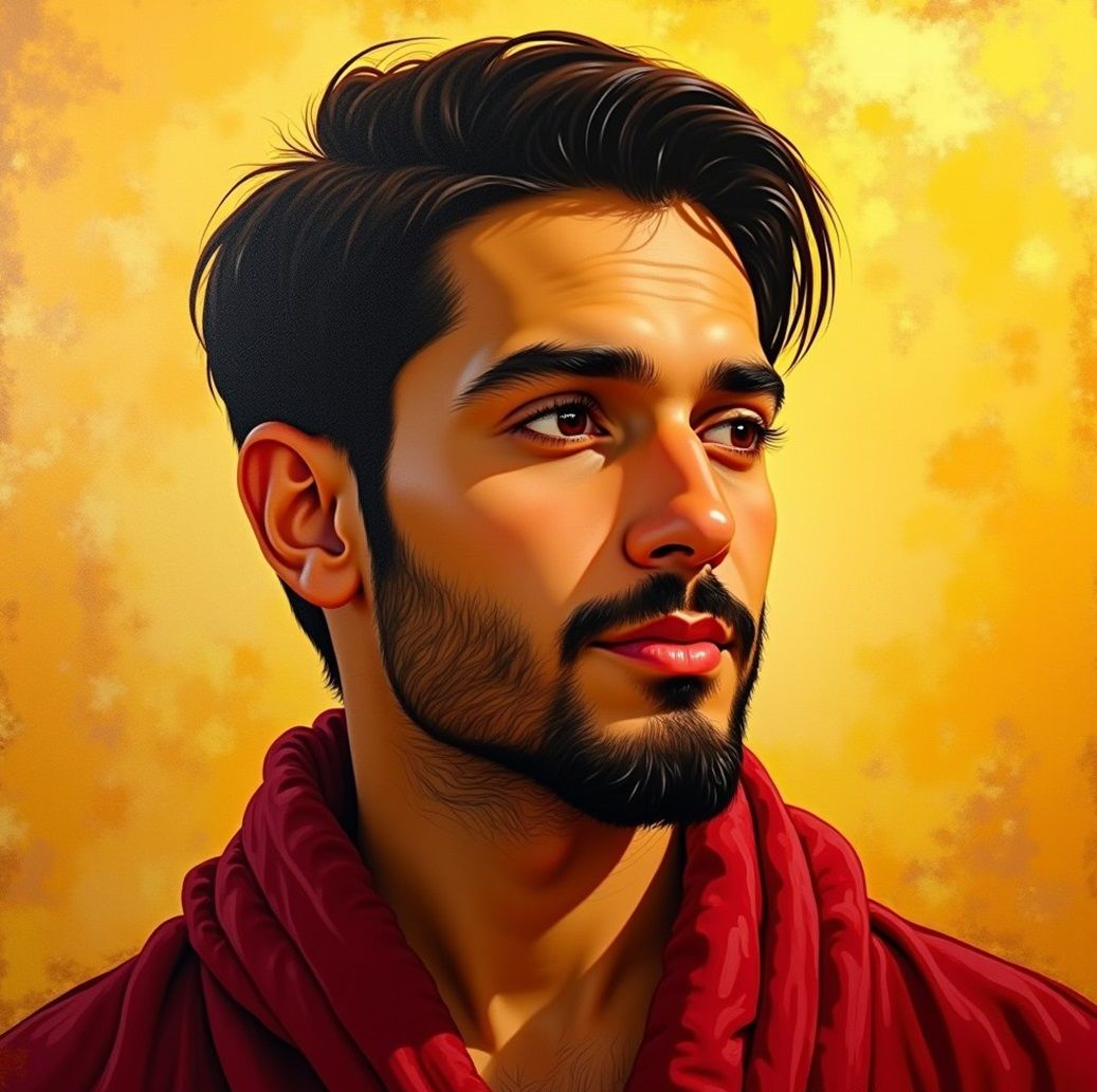 Portrait of a handsome bearded man wearing a red bathrobe