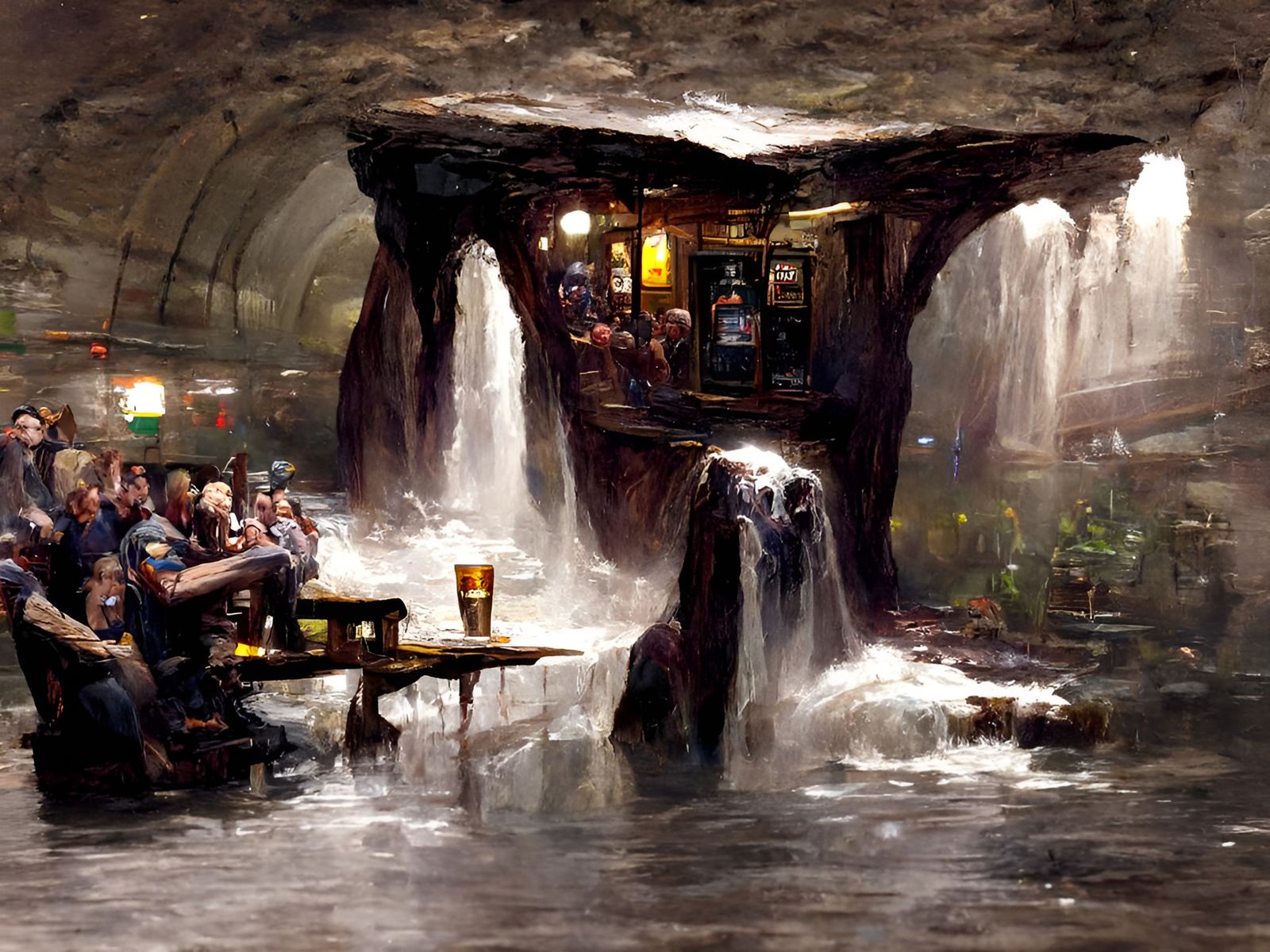 The underground waterfall pub, artwork by Greg Rutkowski