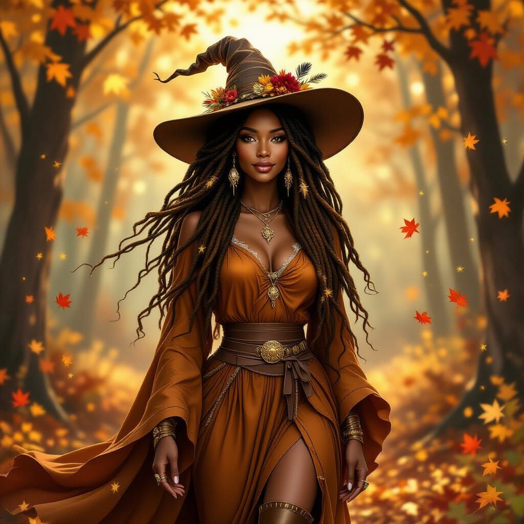 An African American autumn witch with long flowing dreadlocks stands in a forest of gold, brown, and ...  by @RastaBarbi