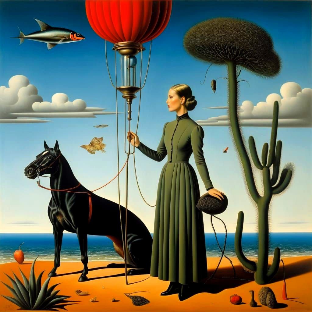 Surreal Woman with Fantastic Animals in Dream Landscape