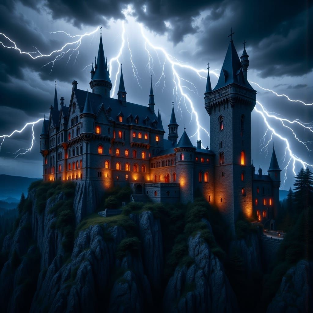 <lora:Thriller Fantasy V2:1.0> Insanely detailed stormy castle, lightning, dark sky, intricate and hyperdetailed photograph by Ismail Inceog...