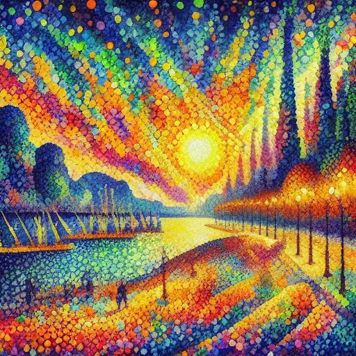 <lora:WaterPoint15:1.0> watercolor Signac appeal pointillisme painting  of abstract landscape , vibrant light, primary color palette, High r...