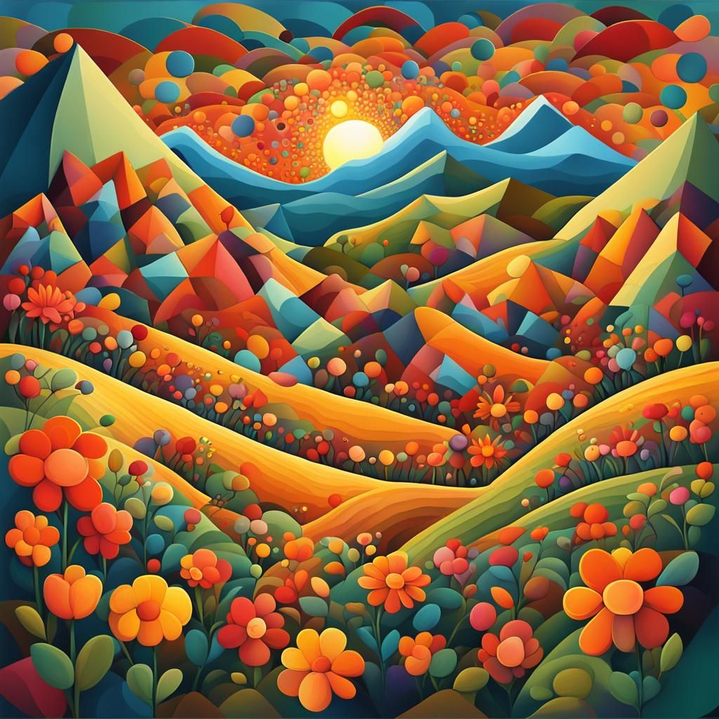 a painting where a lot of flowers are scattered around a hil...