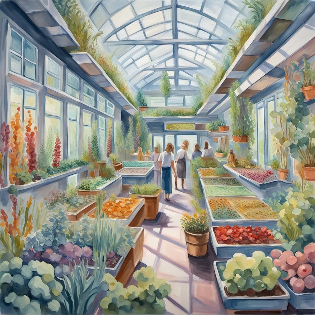 Futuristic Finnish Restaurant Garden in Impressionist Gouach...