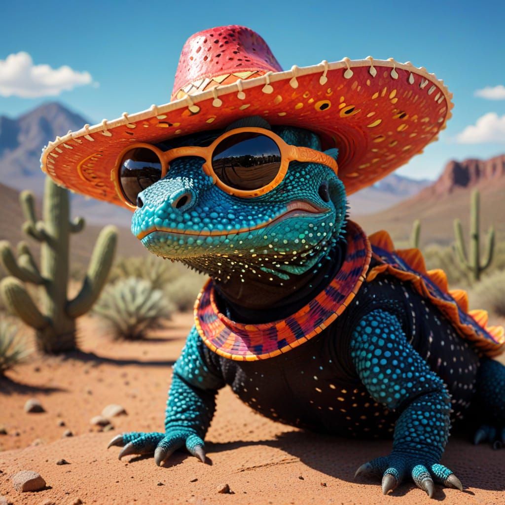 Gila monster in a sombrero, with sunglasses, storybook illustration, playful, beautiful  by @Andy Does AI