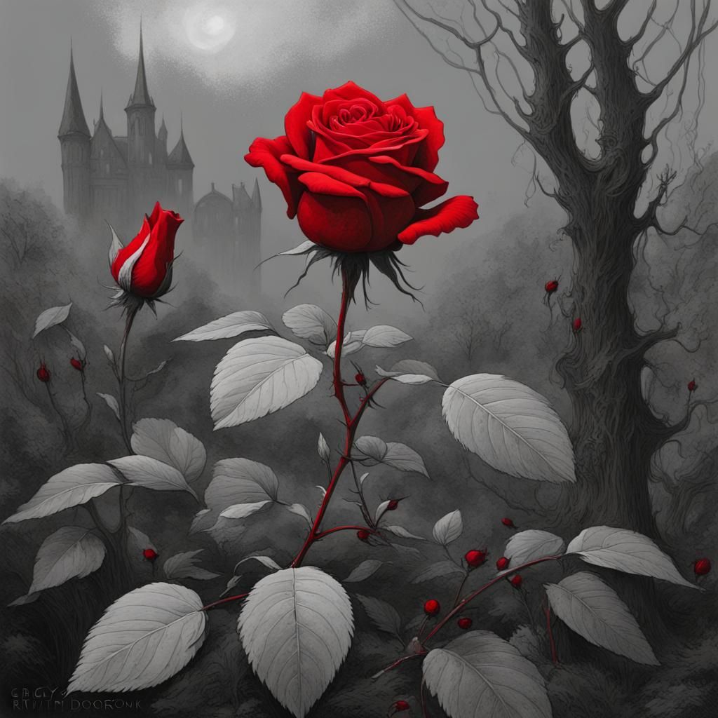 a red rose in a grey monochromatic garden