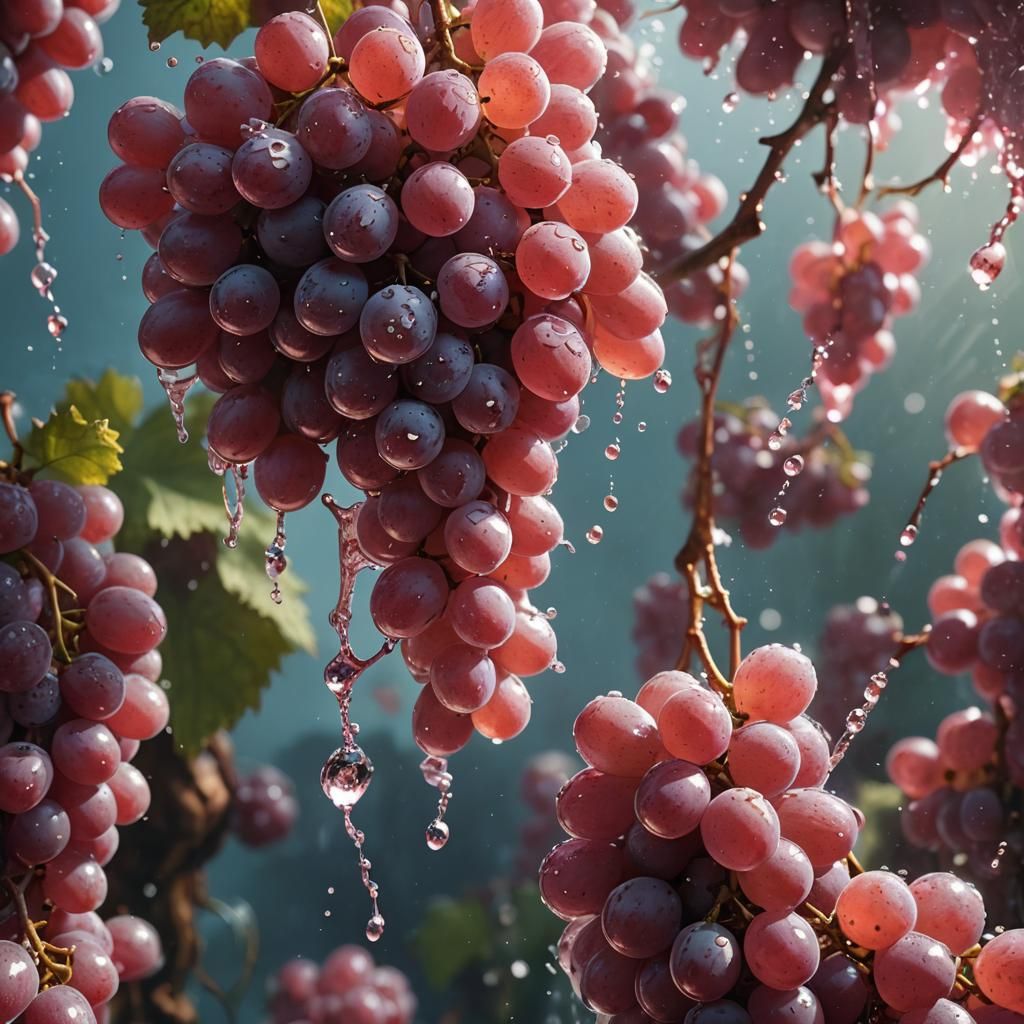 bunch of pink grapes in water splashes, sun rays, macro phot...